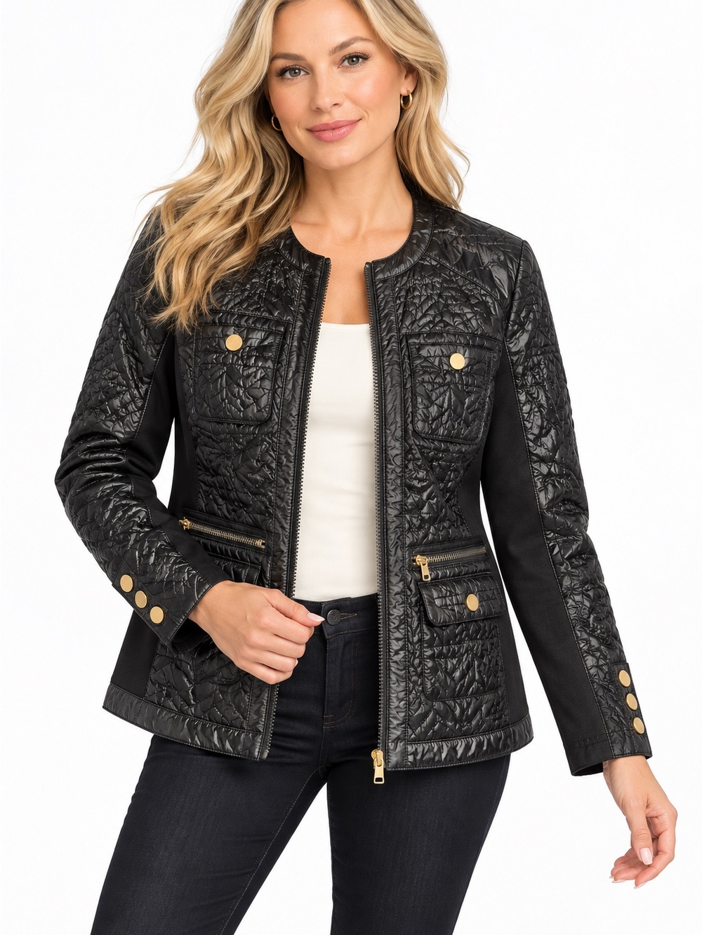 Chico's Black Quilted Jacket with Gold Buttons